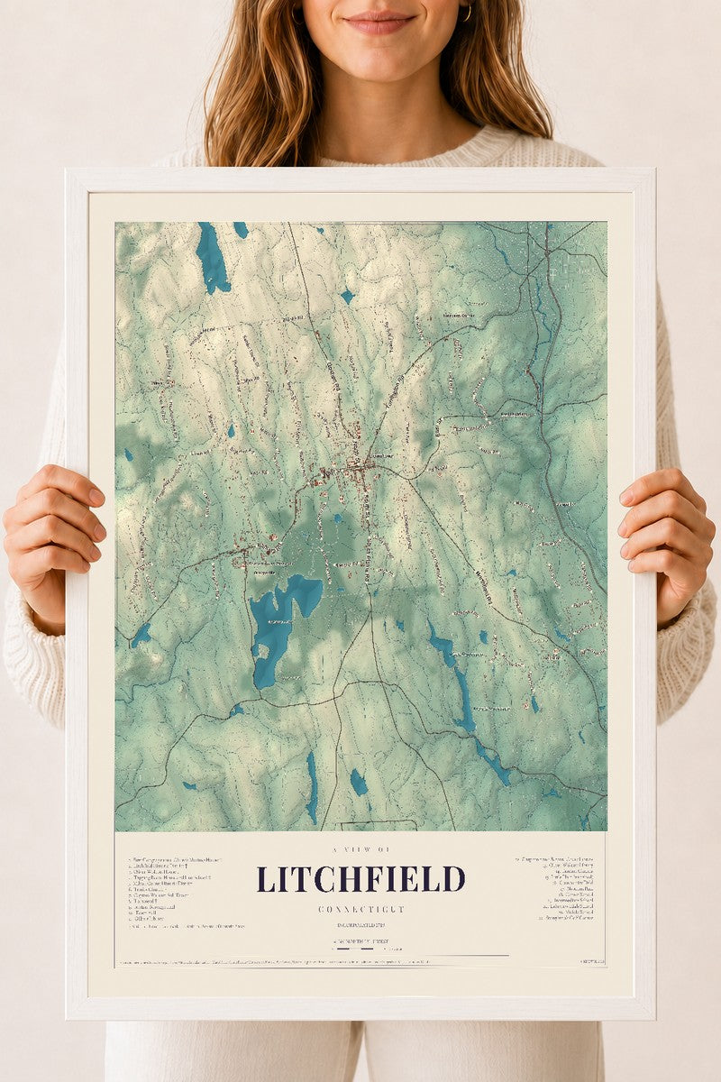 Litchfield, Connecticut map print, 18" x 24", W/ White Ayous Wood Frame
