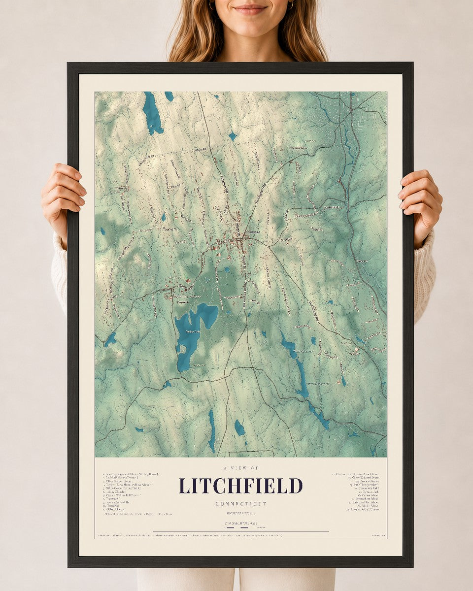 Litchfield, Connecticut map print, 24" x 36", W/ Black Ayous Wood Frame