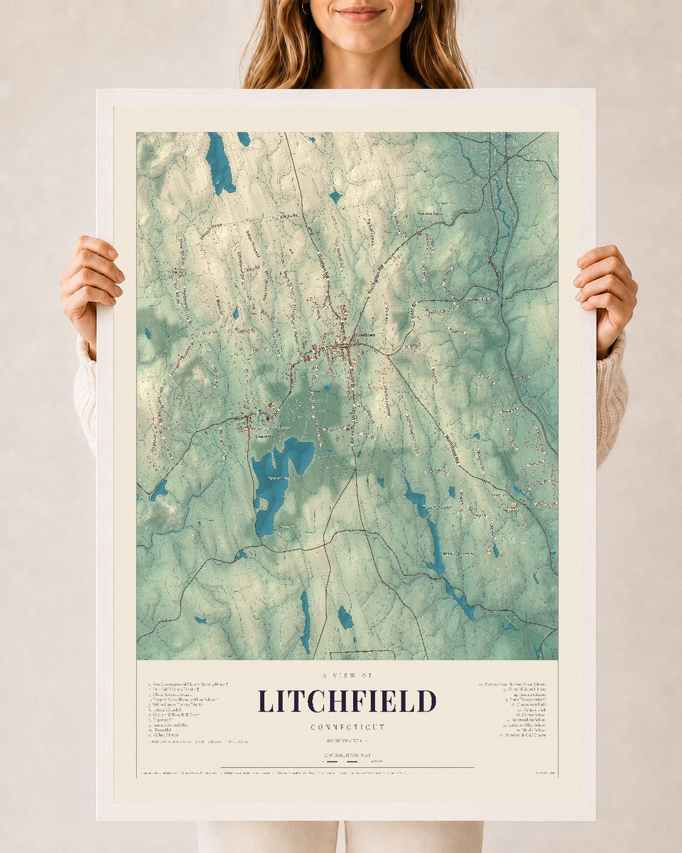 Litchfield, Connecticut map print, 24" x 36", W/ White Ayous Wood Frame