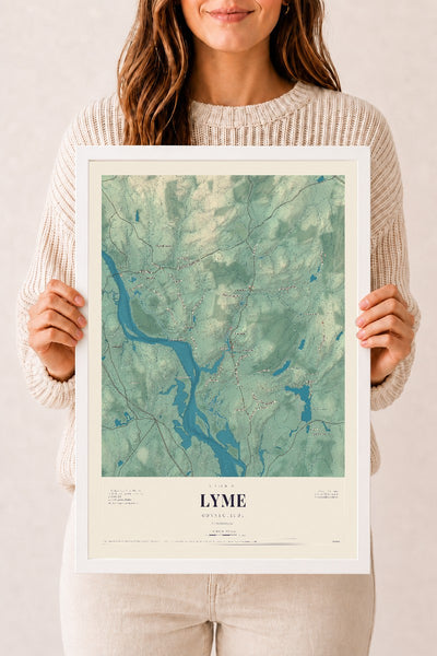 Lyme, Connecticut map print, 12" x 18", W/ White Ayous Wood Frame