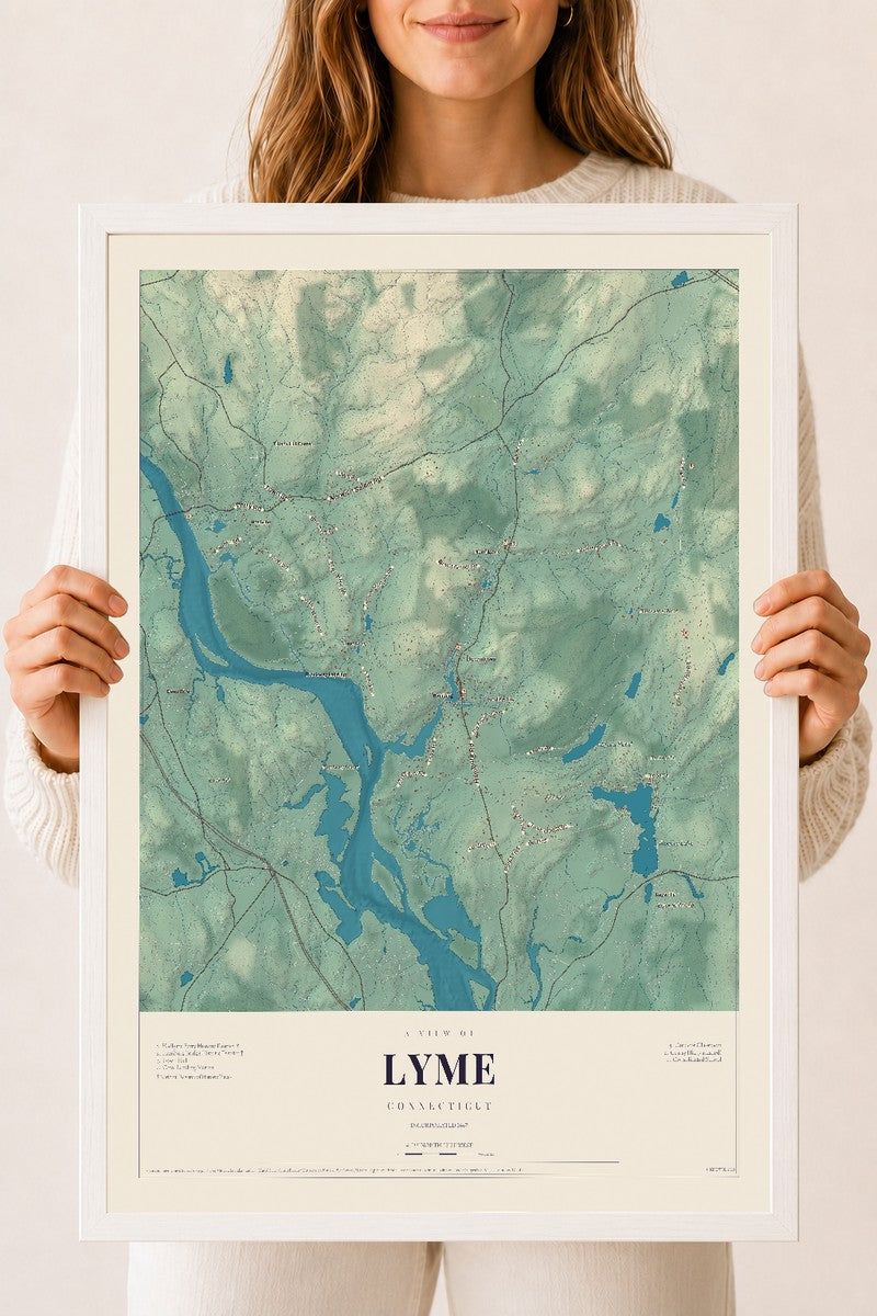 Lyme, Connecticut map print, 18" x 24", W/ White Ayous Wood Frame