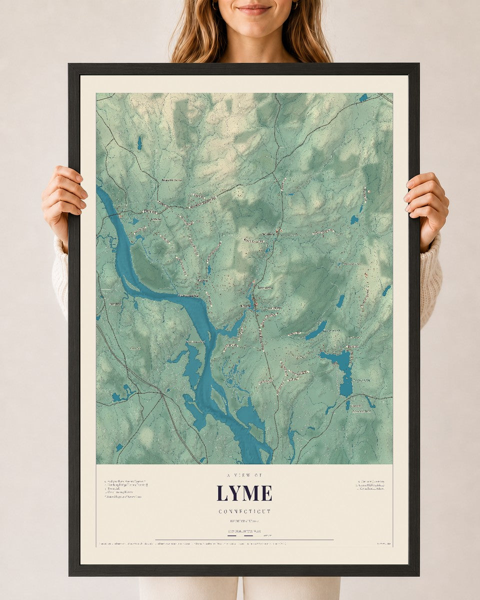 Lyme, Connecticut map print, 24" x 36", W/ Black Ayous Wood Frame