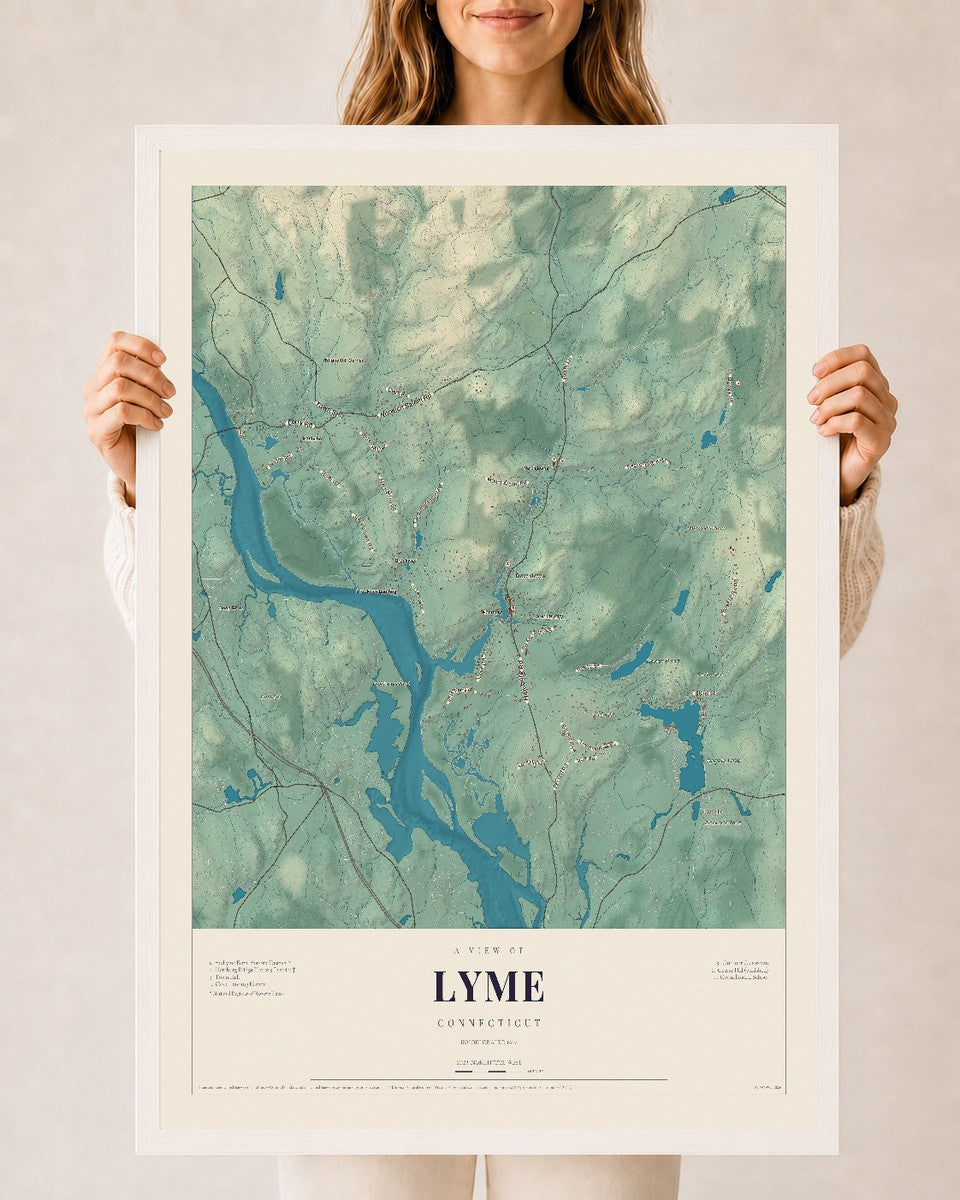 Lyme, Connecticut map print, 24" x 36", W/ White Ayous Wood Frame