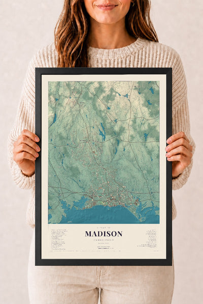 Madison, Connecticut map print, 12" x 18", W/ Black Ayous Wood Frame
