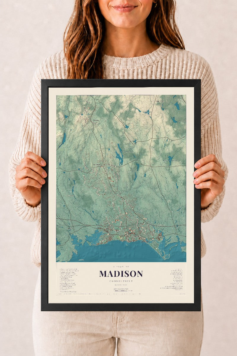 Madison, Connecticut map print, 12" x 18", W/ Black Ayous Wood Frame