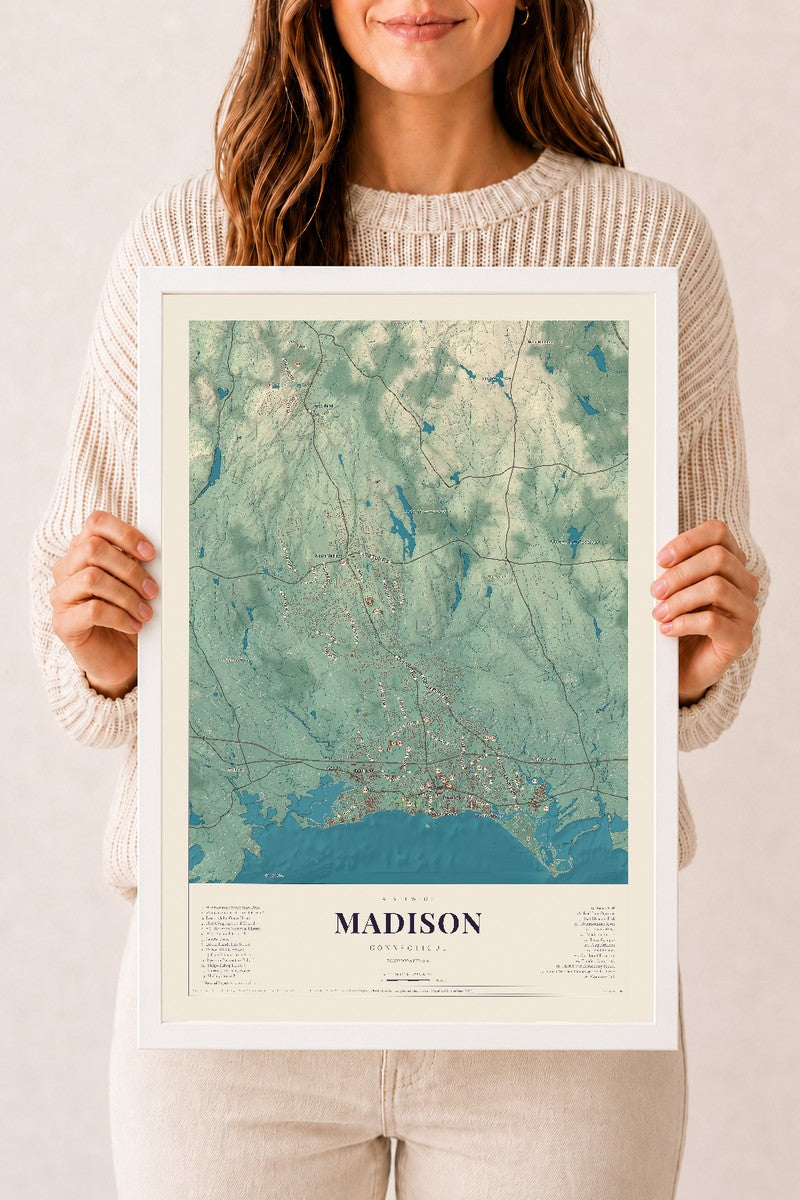 Madison, Connecticut map print, 12" x 18", W/ White Ayous Wood Frame
