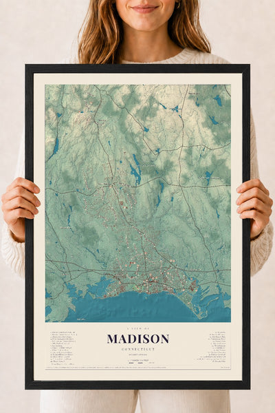 Madison, Connecticut map print, 18" x 24", W/ Black Ayous Wood Frame