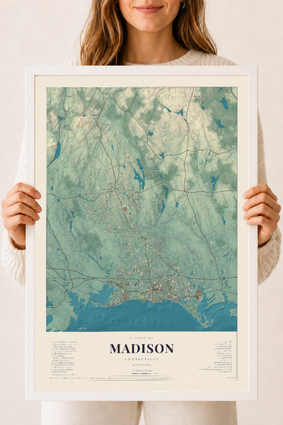 Madison, Connecticut map print, 18" x 24", W/ White Ayous Wood Frame