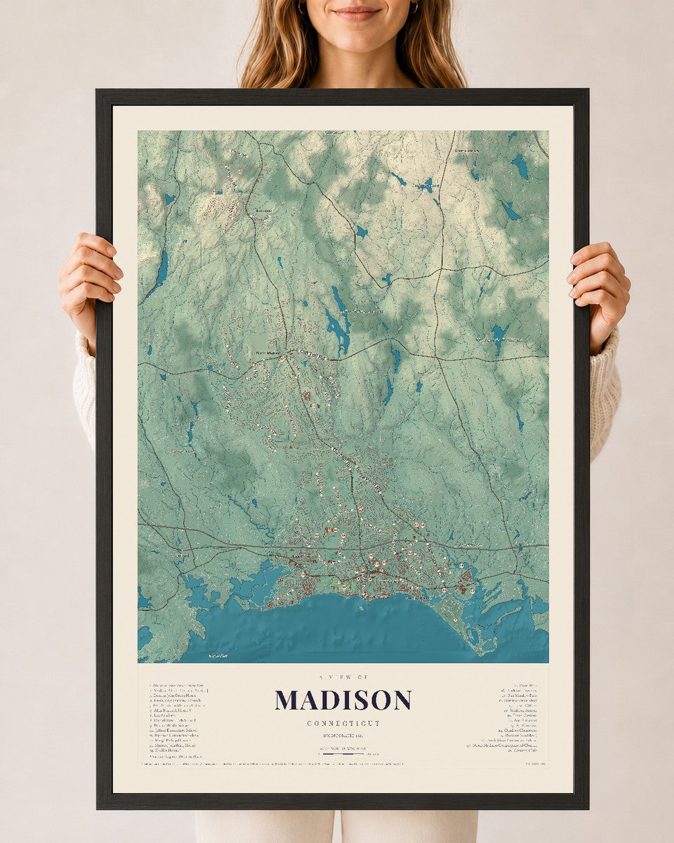 Madison, Connecticut map print, 24" x 36", W/ Black Ayous Wood Frame
