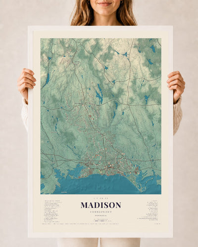 Madison, Connecticut map print, 24" x 36", W/ White Ayous Wood Frame
