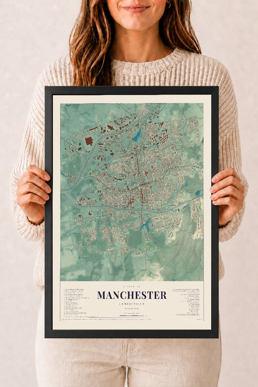 Map of Manchester, Connecticut, 12 x 18 inch print in a black wood frame