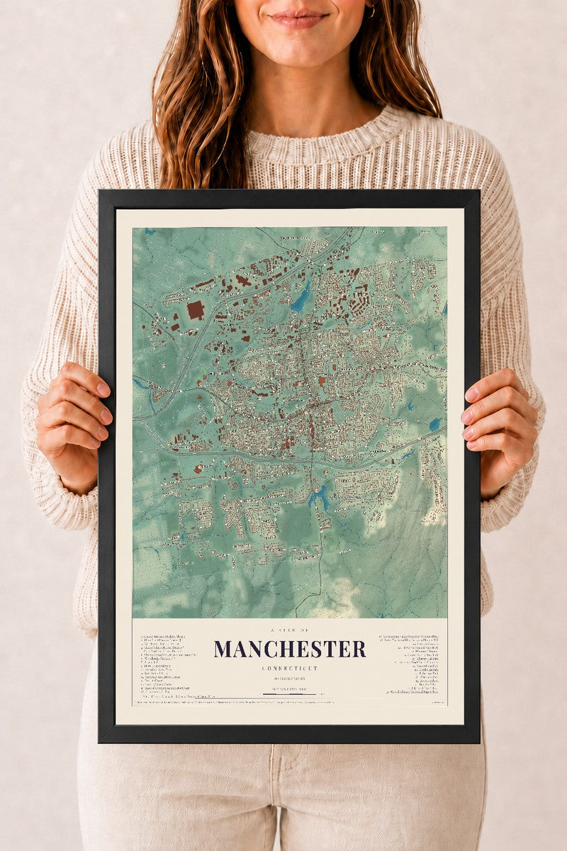 Manchester, Connecticut map print, 12" x 18", W/ Black Ayous Wood Frame