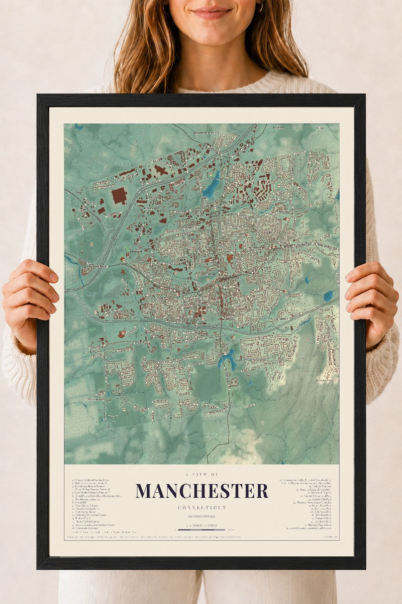 Manchester, Connecticut map print, 18" x 24", W/ Black Ayous Wood Frame