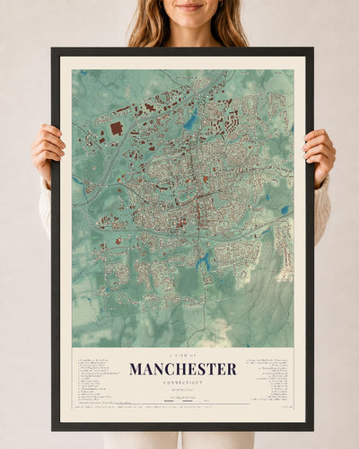 Manchester, Connecticut map print, 24" x 36", W/ Black Ayous Wood Frame