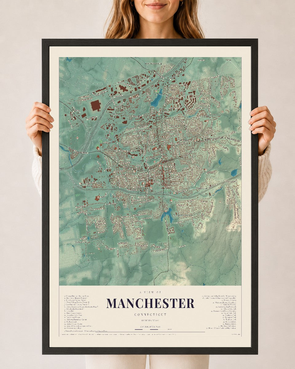 Manchester, Connecticut map print, 24" x 36", W/ Black Ayous Wood Frame