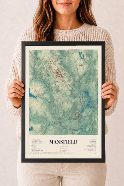 Mansfield, Connecticut map print, 12" x 18", W/ Black Ayous Wood Frame