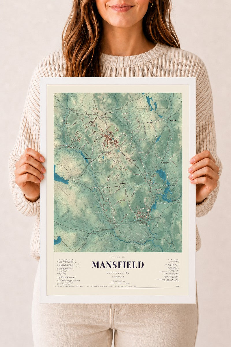 Mansfield, Connecticut map print, 12" x 18", W/ White Ayous Wood Frame