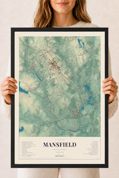 Mansfield, Connecticut map print, 18" x 24", W/ Black Ayous Wood Frame