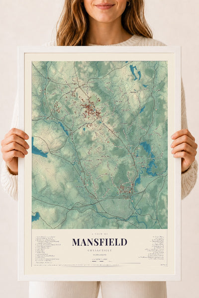 Mansfield, Connecticut map print, 18" x 24", W/ White Ayous Wood Frame
