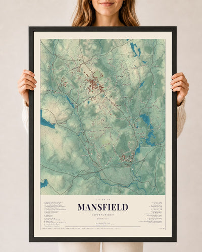Mansfield, Connecticut map print, 24" x 36", W/ Black Ayous Wood Frame