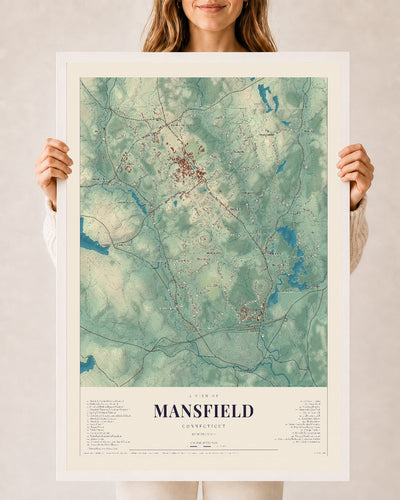 Mansfield, Connecticut map print, 24" x 36", W/ White Ayous Wood Frame