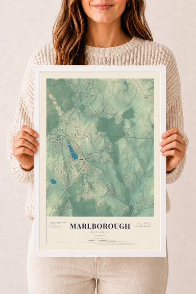 Marlborough, Connecticut map print, 12" x 18", W/ White Ayous Wood Frame