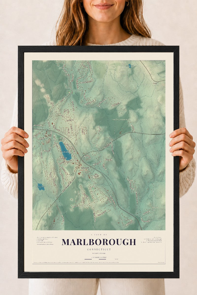 Marlborough, Connecticut map print, 18" x 24", W/ Black Ayous Wood Frame