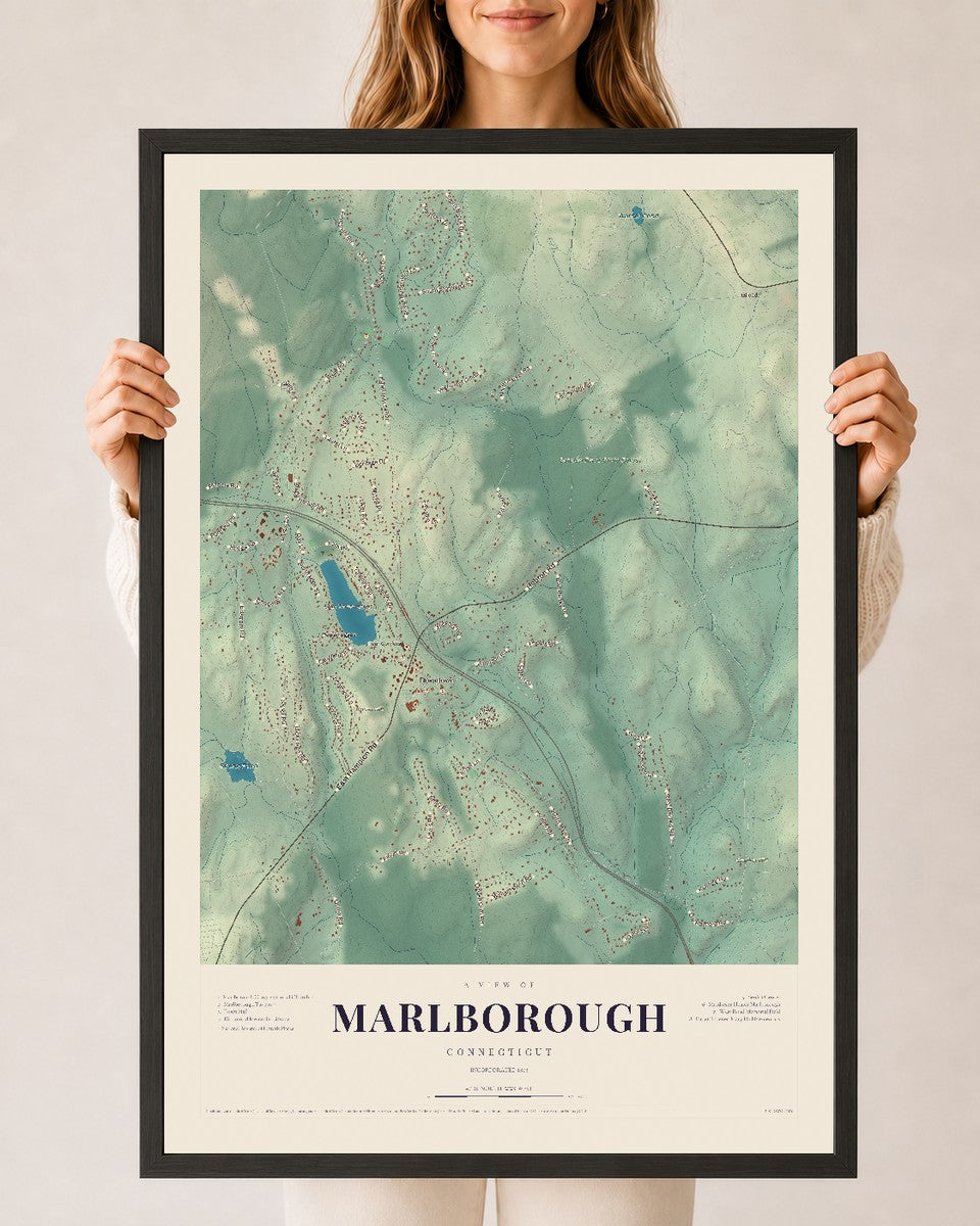 Marlborough, Connecticut map print, 24" x 36", W/ Black Ayous Wood Frame