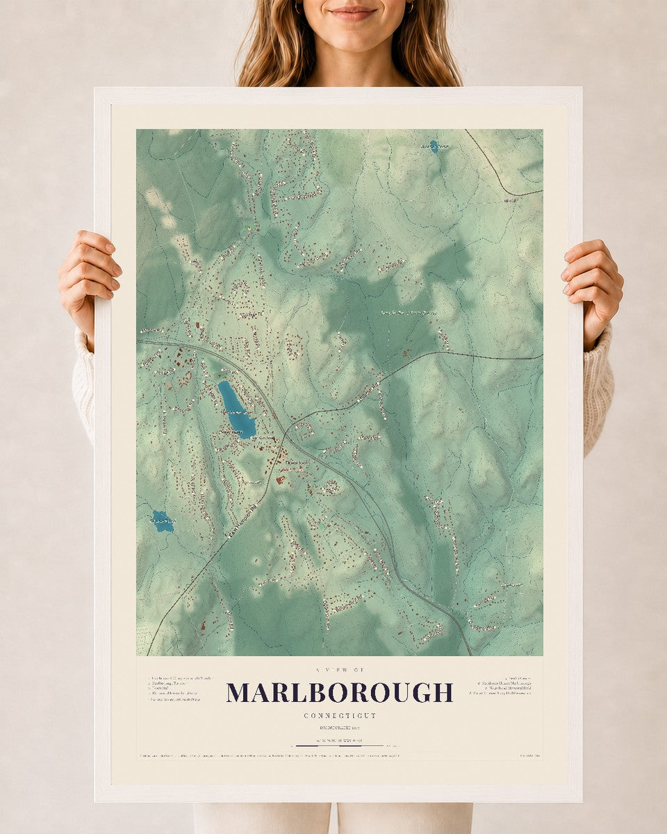 Marlborough, Connecticut map print, 24" x 36", W/ White Ayous Wood Frame