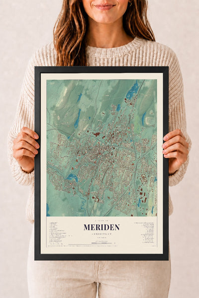 Meriden, Connecticut map print, 12" x 18", W/ Black Ayous Wood Frame