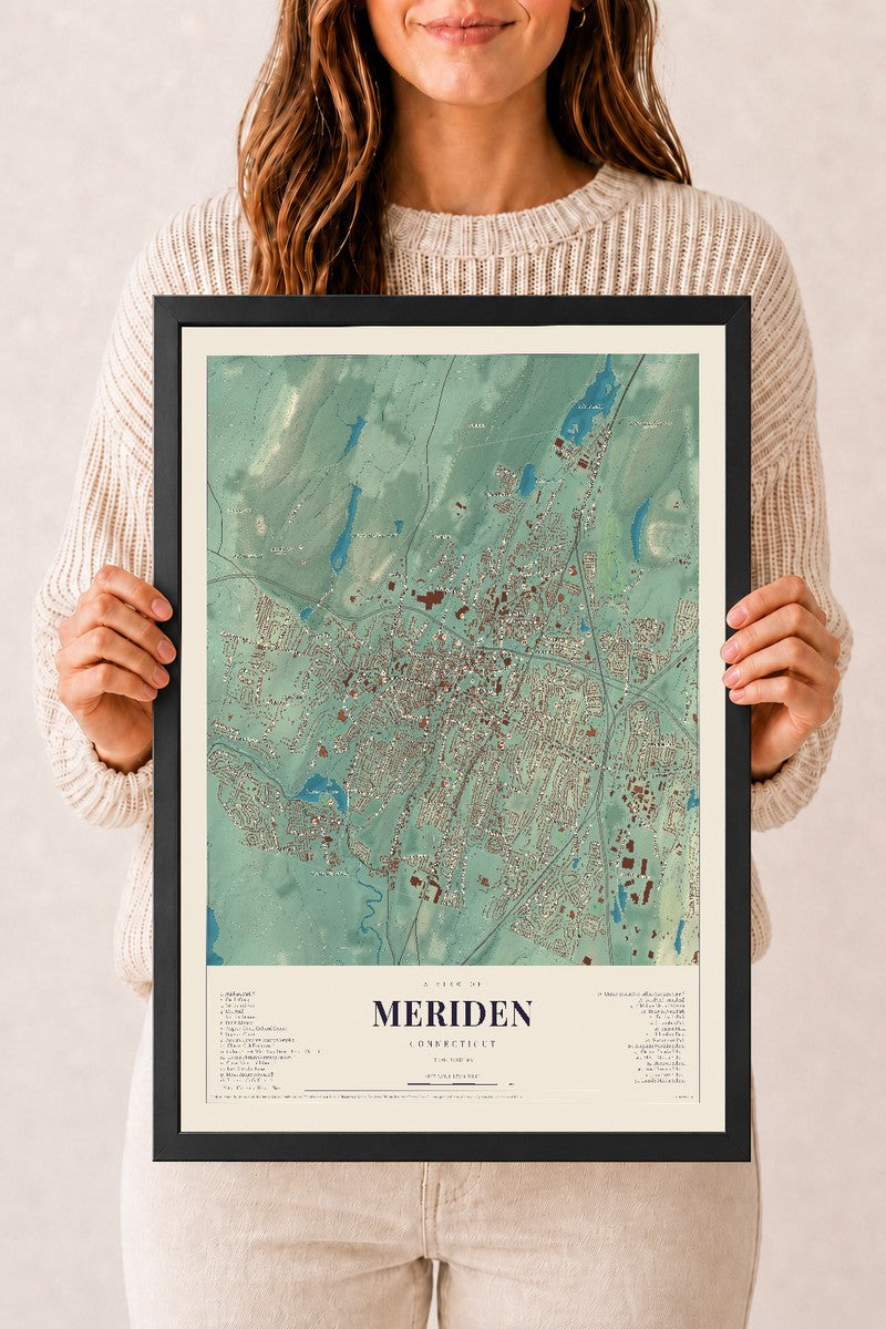 Meriden, Connecticut map print, 12" x 18", W/ Black Ayous Wood Frame