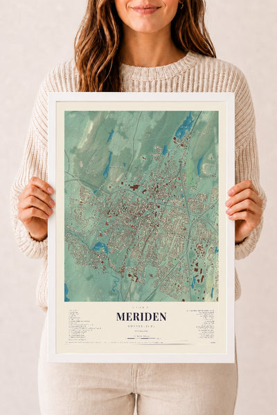 Meriden, Connecticut map print, 12" x 18", W/ White Ayous Wood Frame