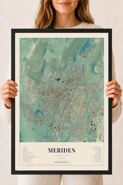 Meriden, Connecticut map print, 18" x 24", W/ Black Ayous Wood Frame