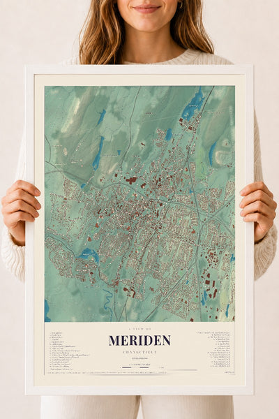 Meriden, Connecticut map print, 18" x 24", W/ White Ayous Wood Frame