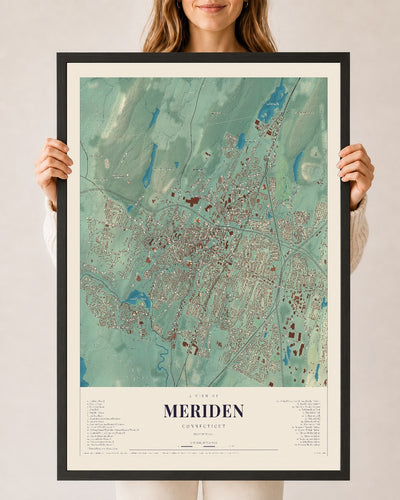Meriden, Connecticut map print, 24" x 36", W/ Black Ayous Wood Frame
