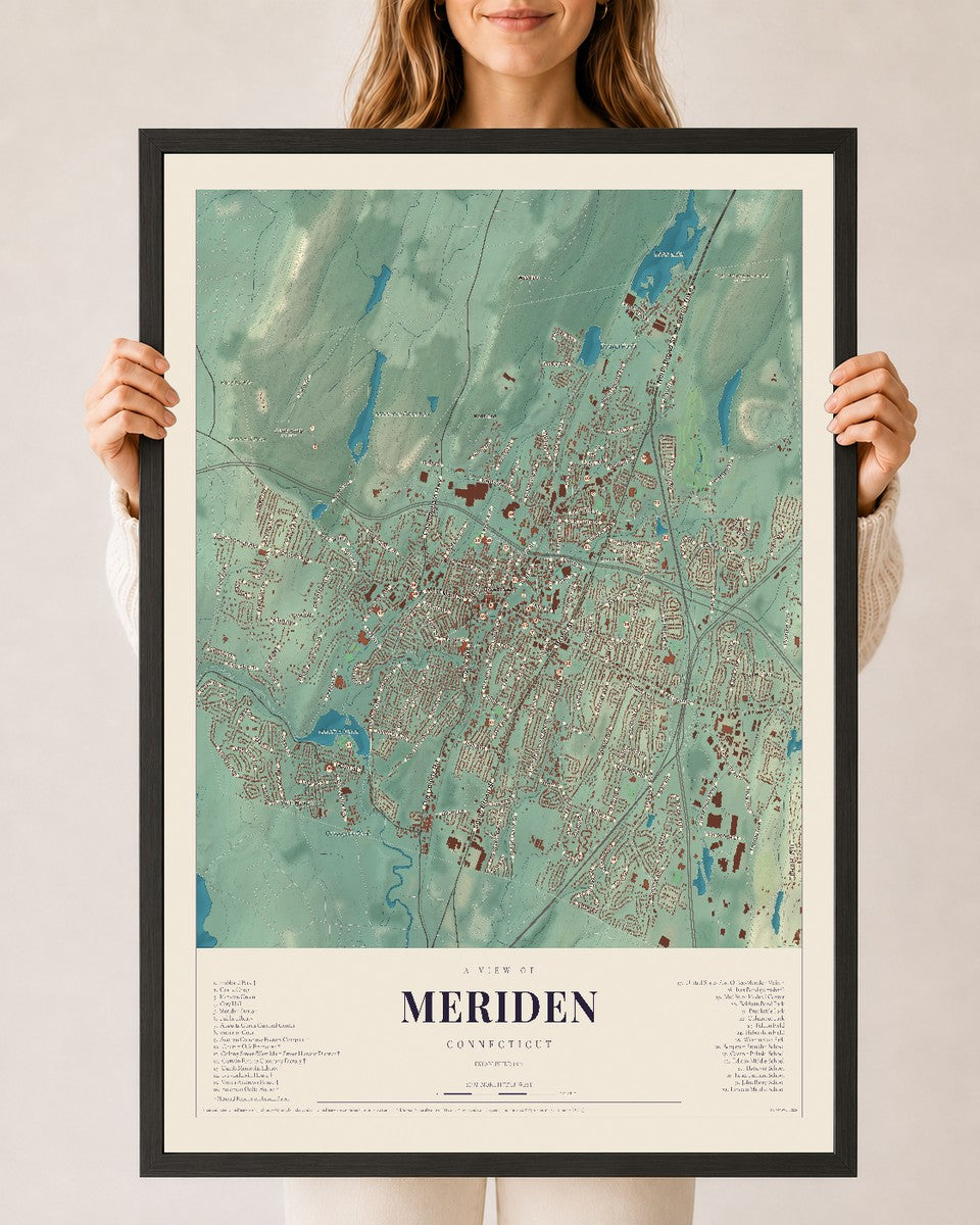 Meriden, Connecticut map print, 24" x 36", W/ Black Ayous Wood Frame