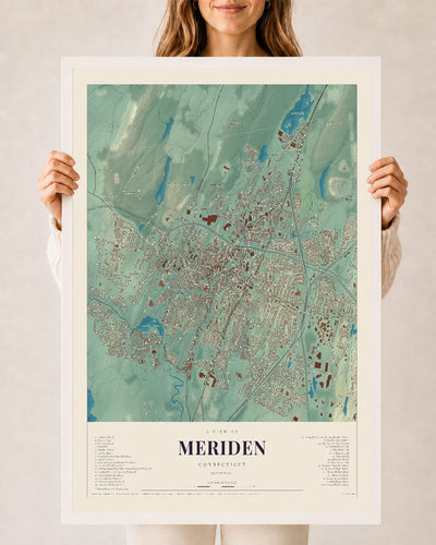 Meriden, Connecticut map print, 24" x 36", W/ White Ayous Wood Frame