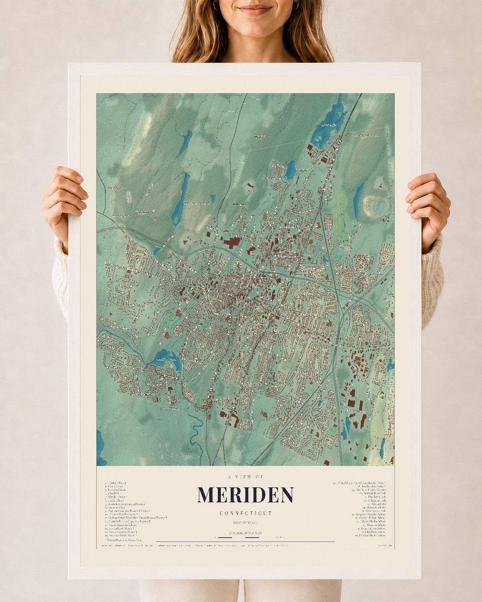 Meriden, Connecticut map print, 24" x 36", W/ White Ayous Wood Frame