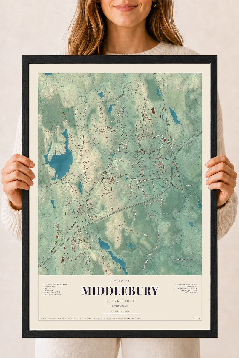 Middlebury, Connecticut map print, 18" x 24", W/ Black Ayous Wood Frame