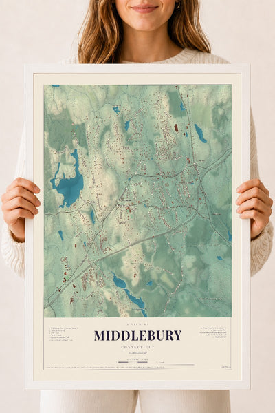 Middlebury, Connecticut map print, 18" x 24", W/ White Ayous Wood Frame