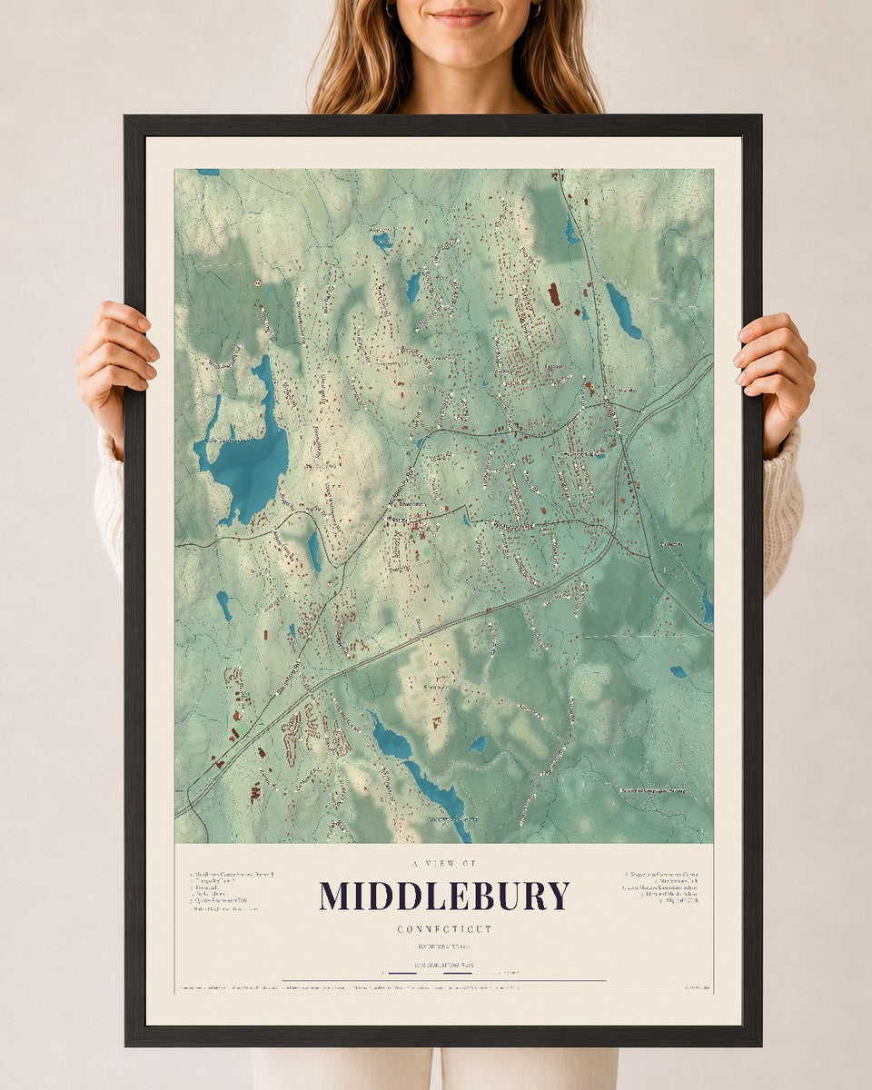 Middlebury, Connecticut map print, 24" x 36", W/ Black Ayous Wood Frame