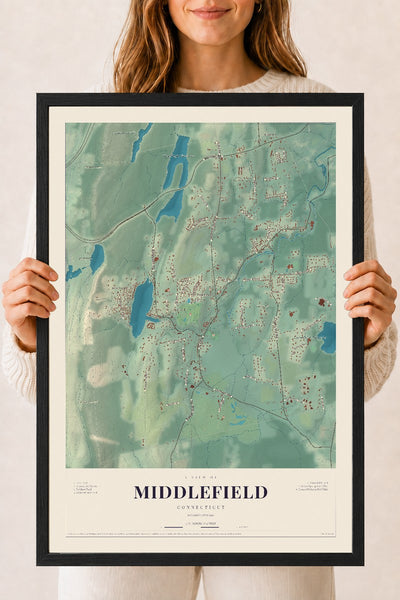 Middlefield, Connecticut map print, 18" x 24", W/ Black Ayous Wood Frame