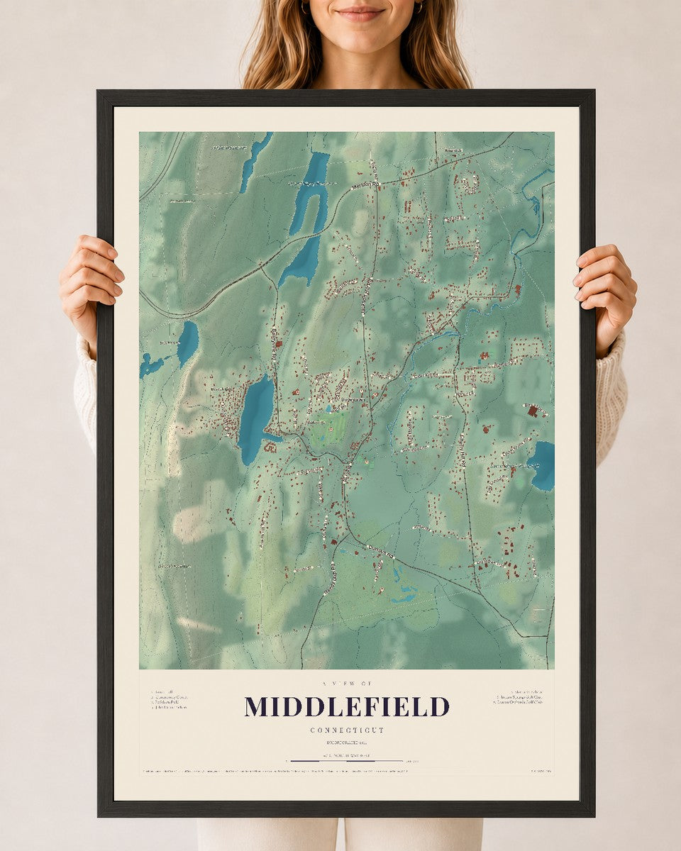 Middlefield, Connecticut map print, 24" x 36", W/ Black Ayous Wood Frame