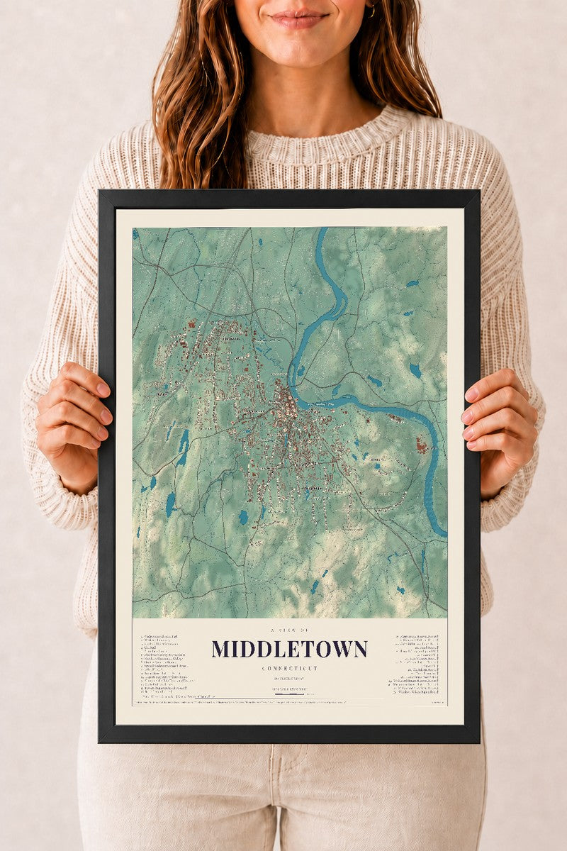 Middletown, Connecticut map print, 12" x 18", W/ Black Ayous Wood Frame