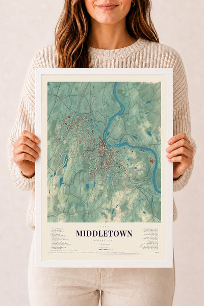 Middletown, Connecticut map print, 12" x 18", W/ White Ayous Wood Frame