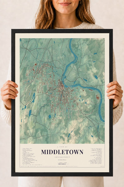 Middletown, Connecticut map print, 18" x 24", W/ Black Ayous Wood Frame
