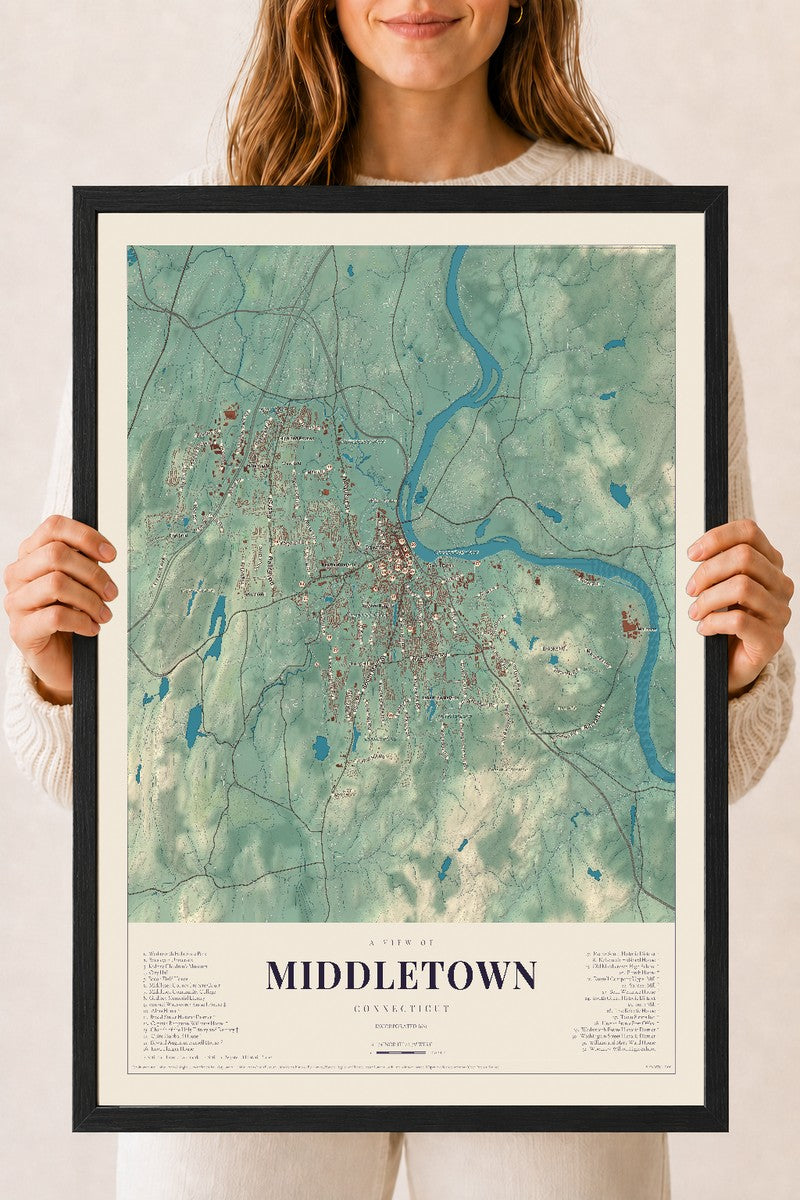 Middletown, Connecticut map print, 18" x 24", W/ Black Ayous Wood Frame