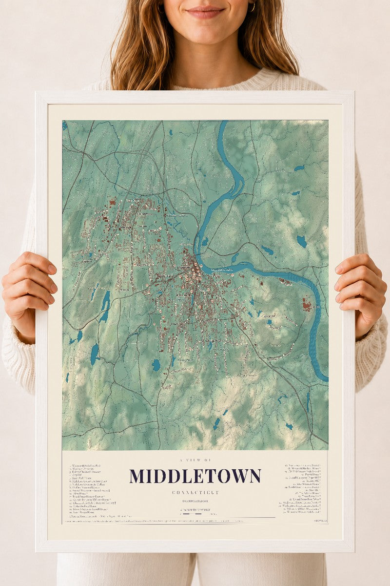 Middletown, Connecticut map print, 18" x 24", W/ White Ayous Wood Frame