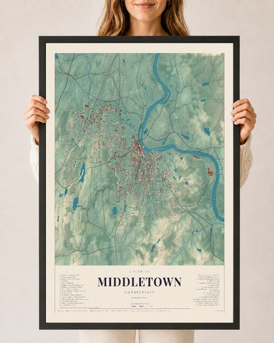 Middletown, Connecticut map print, 24" x 36", W/ Black Ayous Wood Frame