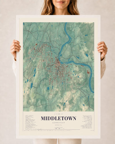 Middletown, Connecticut map print, 24" x 36", W/ White Ayous Wood Frame